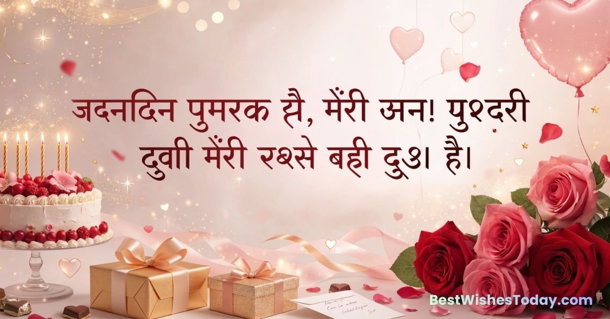 Birthday Wishes for Girlfriend in Hindi Hindi birthday wish for girlfriend with birthday cake, roses, heart balloons, gifts, candles, and romantic birthday decorations.