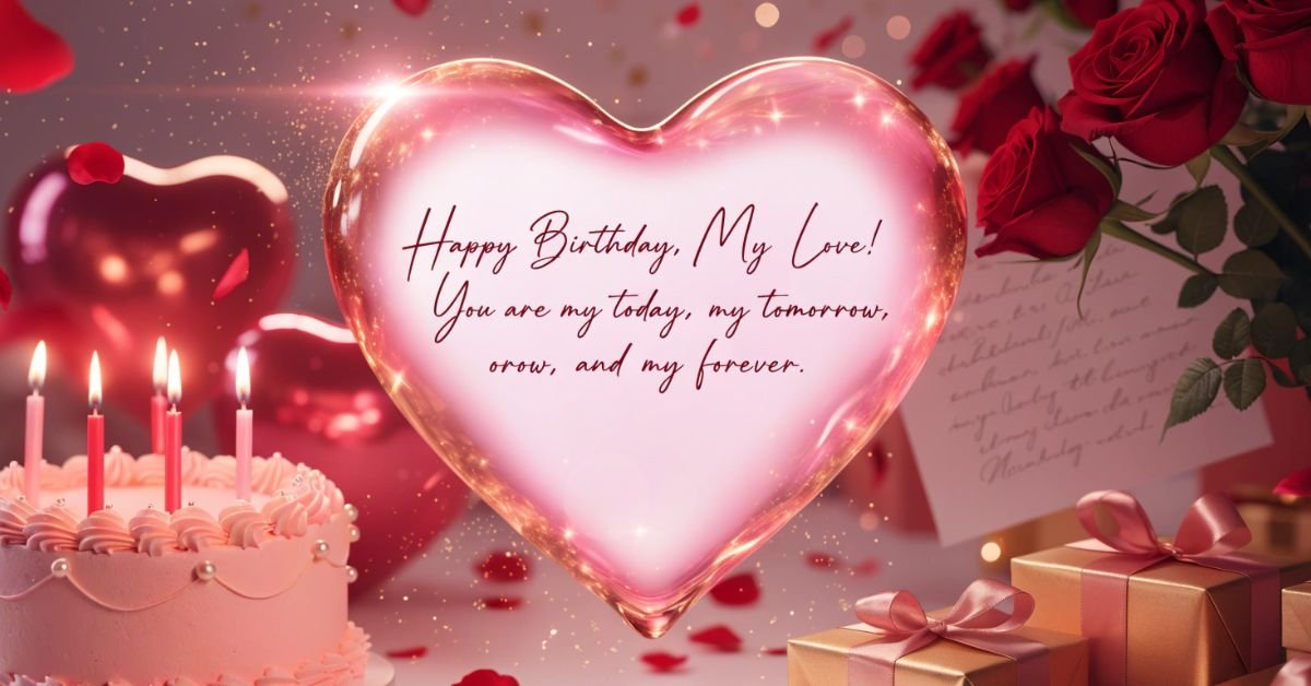 Heart Touching Birthday Wishes for Girlfriend Heart touching birthday wish for girlfriend with glowing heart, birthday cake, roses, gifts, candles, and romantic decorations.
