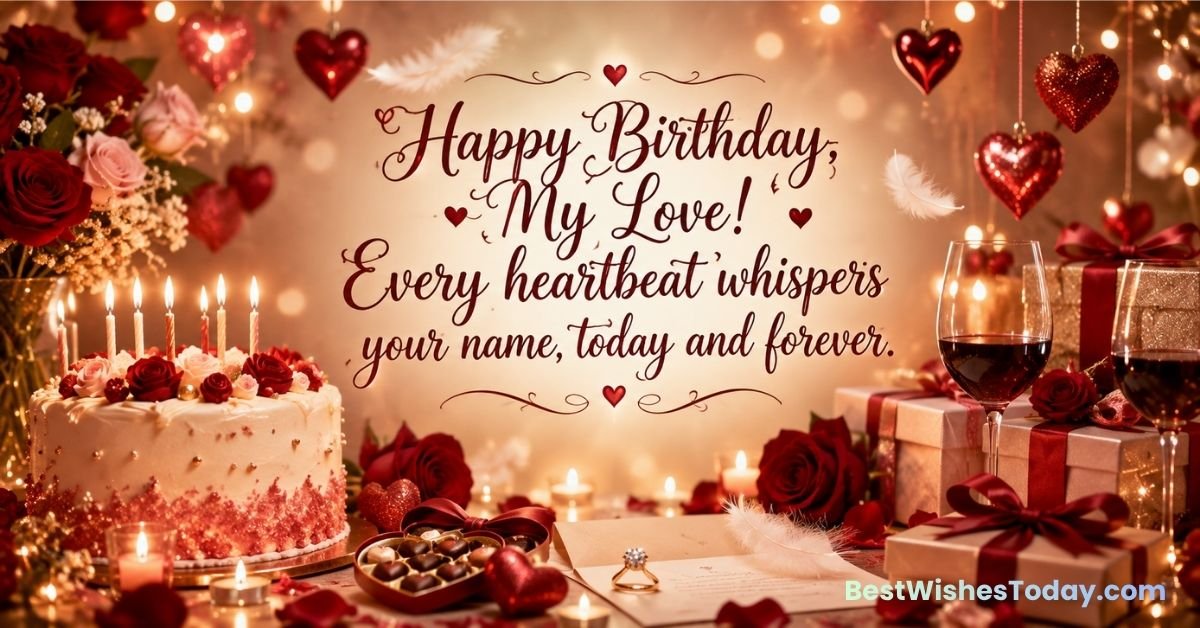 Romantic Birthday Wishes for Girlfriend Romantic birthday wish for girlfriend with birthday cake, red roses, heart balloons, gifts, candles, and love decorations.