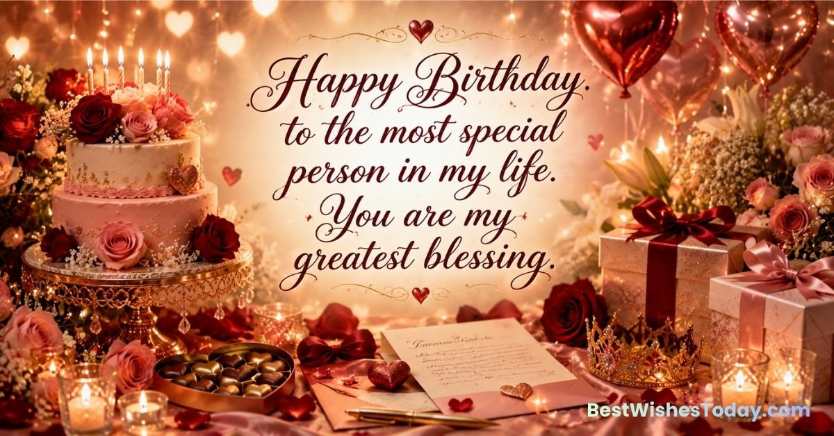 Special Birthday Wishes for Girlfriend Special birthday wish for girlfriend with birthday cake, roses, heart balloons, gifts, candles, love letter, and elegant romantic decorations.